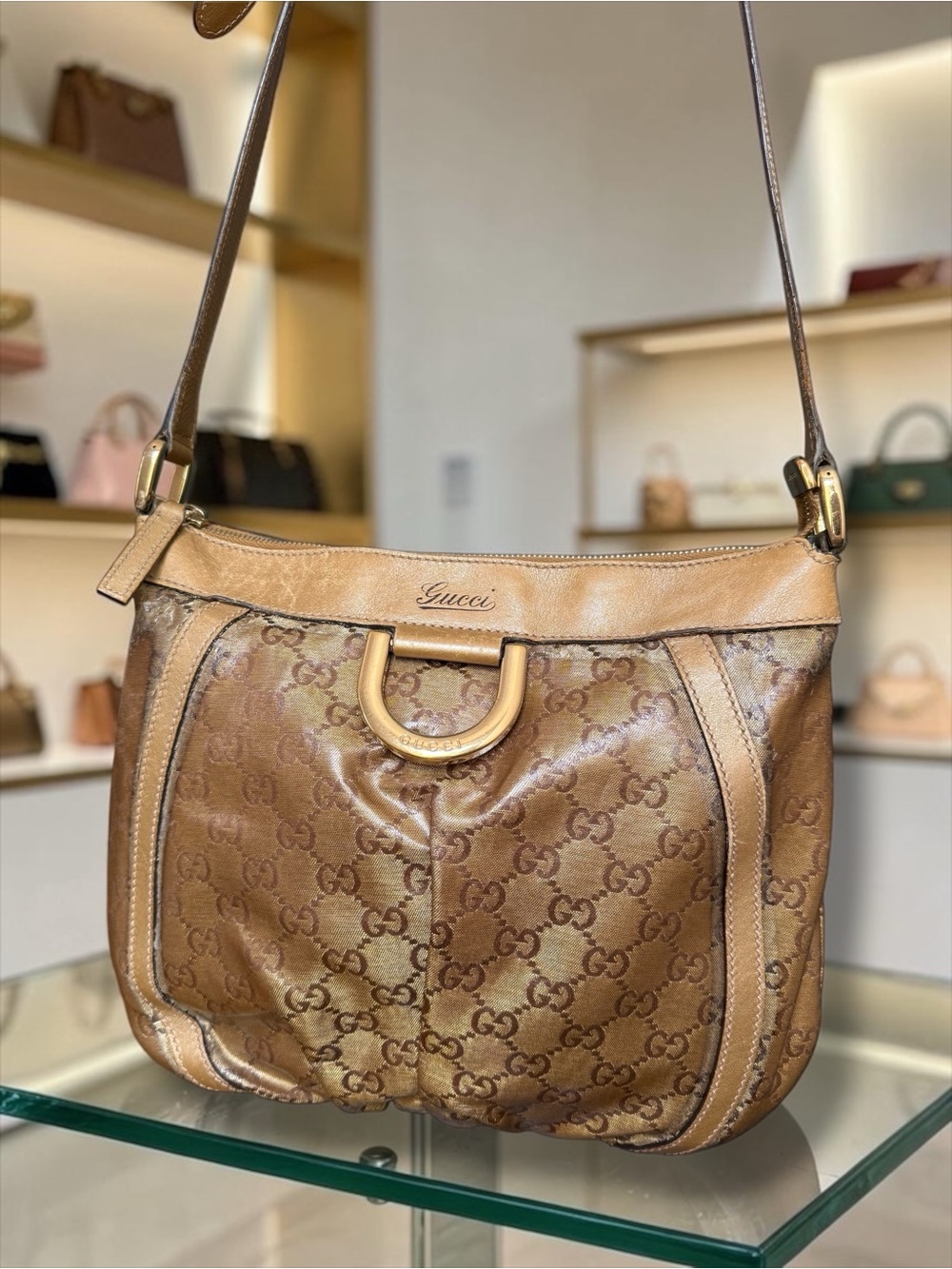 Gucci GG Monogram Crossbody Shoulder Bag in Gold Coated Canvas